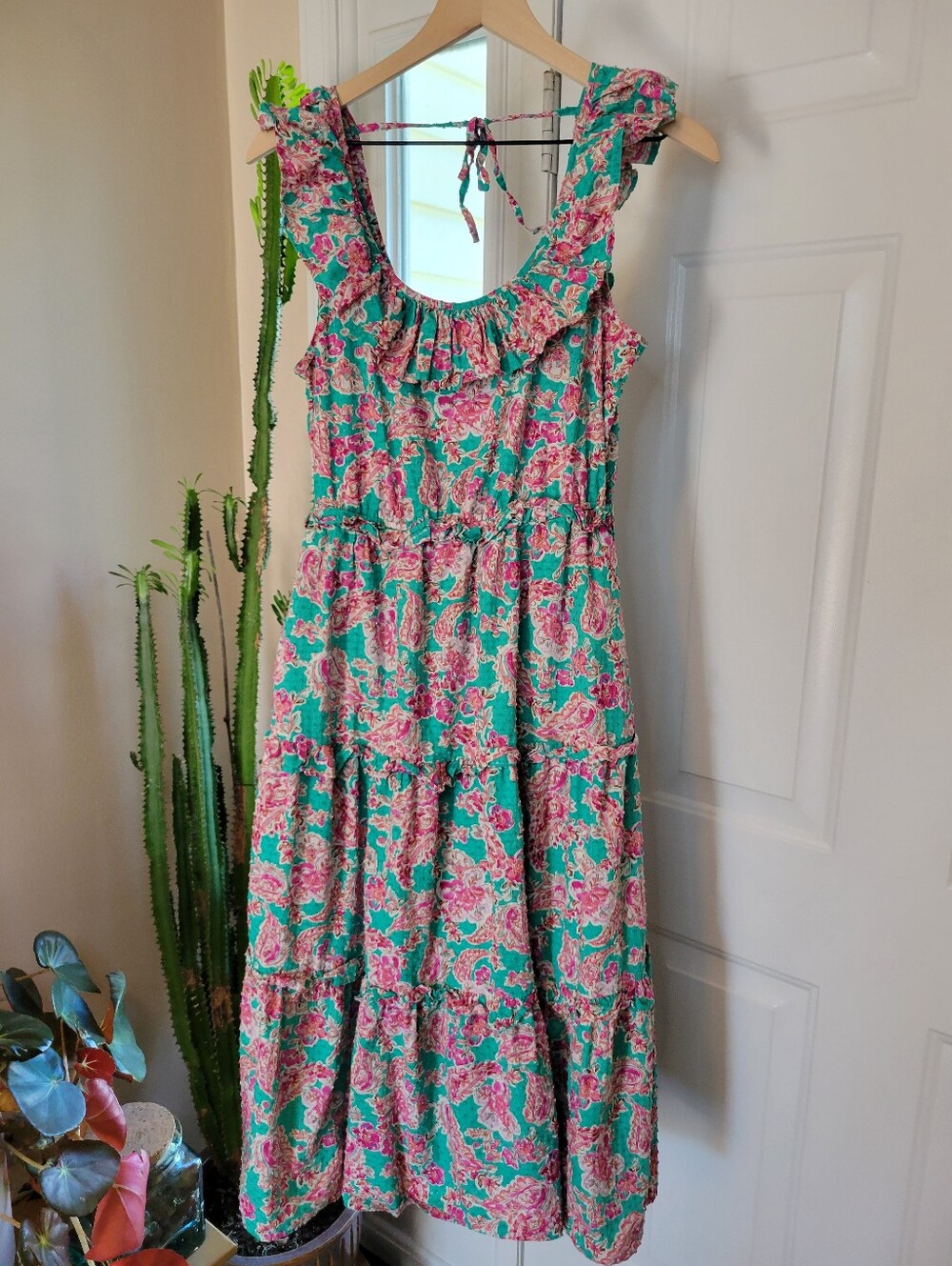 J. Crew Teal And Pink Floral Paisley Tiered Ruffle Cotton Dress, Size Womens 10